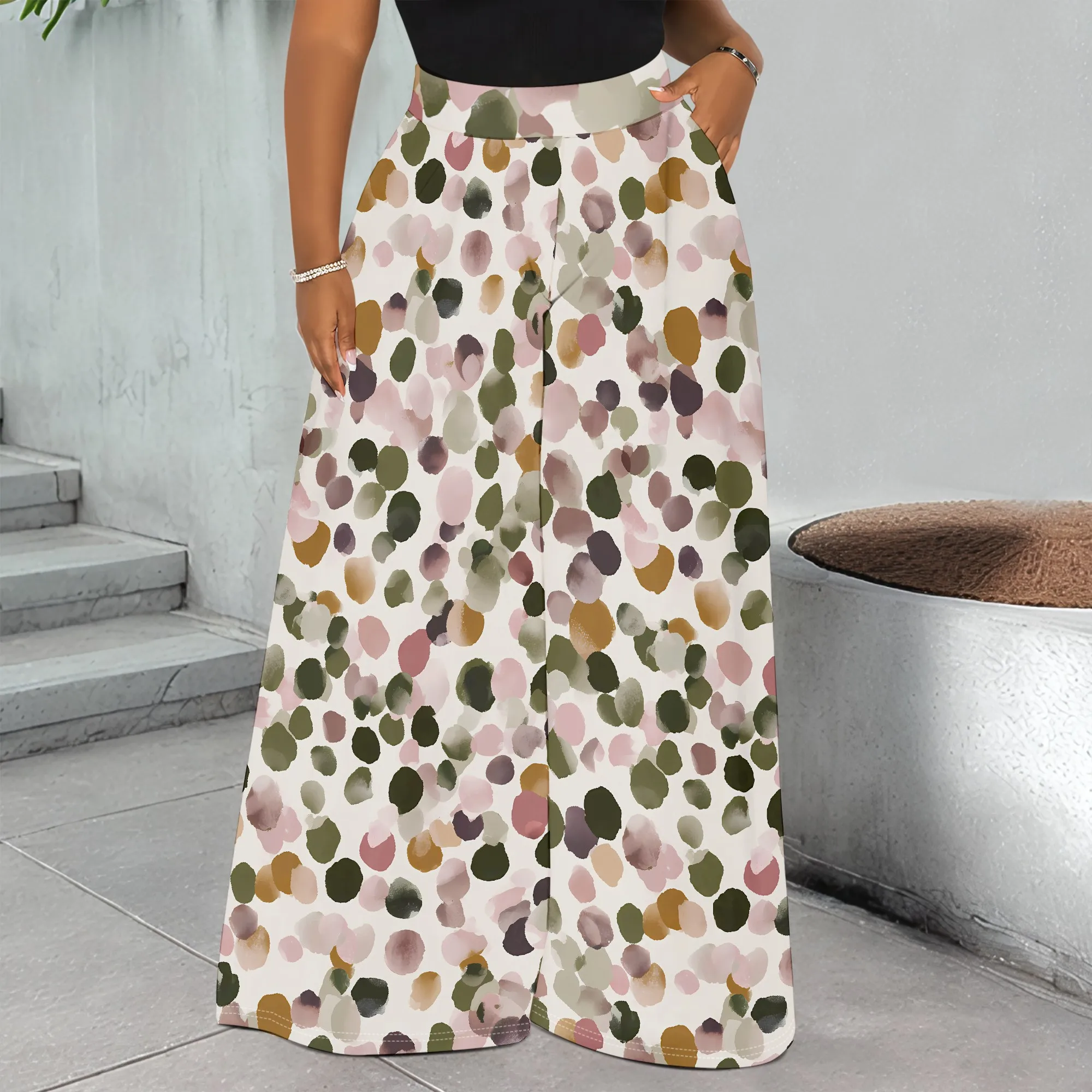 

Printed Wide Leg Pants, Abstract Dot Pattern Trousers, Loose Fit Palazzo Pants for Women, S-3XL