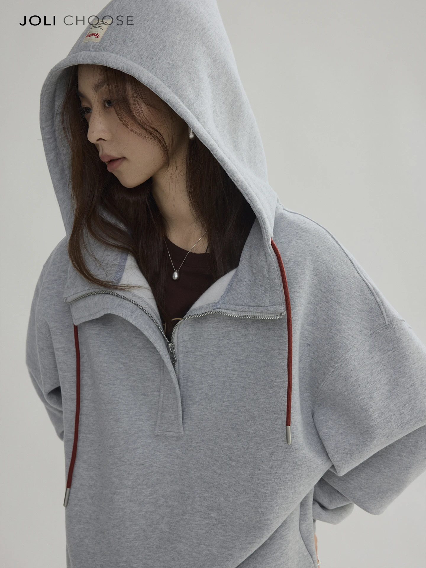 

Joli Choose Women's Hoodie Spring Fashionable Versatile Half Zip Design Cotton Polyester Blend Long Sleeve Commute Style