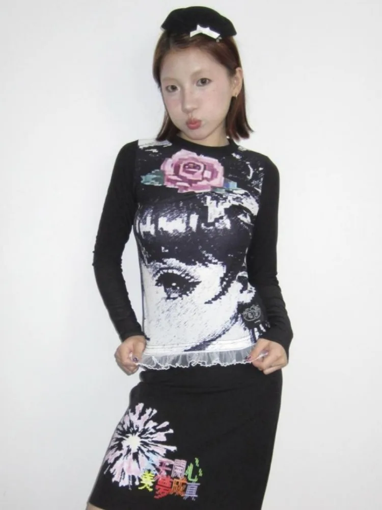 

Y2k Aesthetic Vintage Print Women T-shirt 2025 Harajuku Lace Patchwork Slim Tops Streetwear Fairy Grunge Vintage Tee Shirts