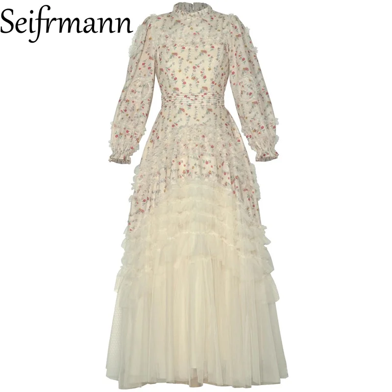 Seifrmann 2026 Spring Women's New Fashionable Round Collar Lantern Long Sleeve Glitter Splicing Mesh Folded Waist Dress