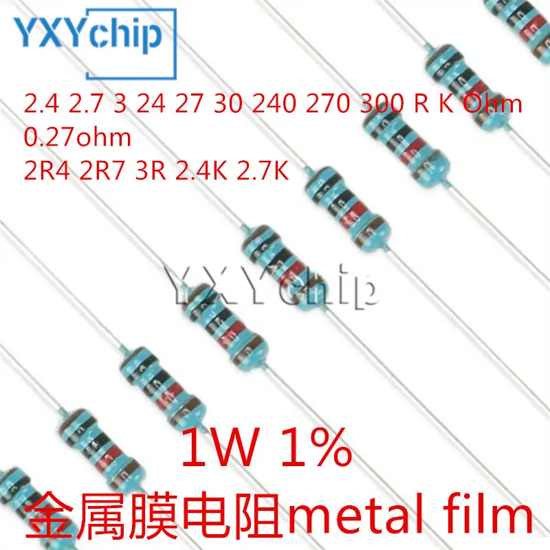 20pcs 1W Metal Film Resistor 2.4 2.7 3 24 27 30 240 270 300 R K Ohm  0.27ohm 1% Five-color Ring Resistance 2R4 2R7 3R 2.4K 2.7K