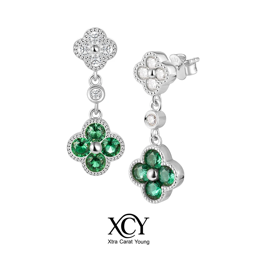

XCY Lab-grown Emerald Pendant Earrings for Women 925 Sterling Silver Elegant Four-leaf Clover Stud Party Wedding Fine Jewelry