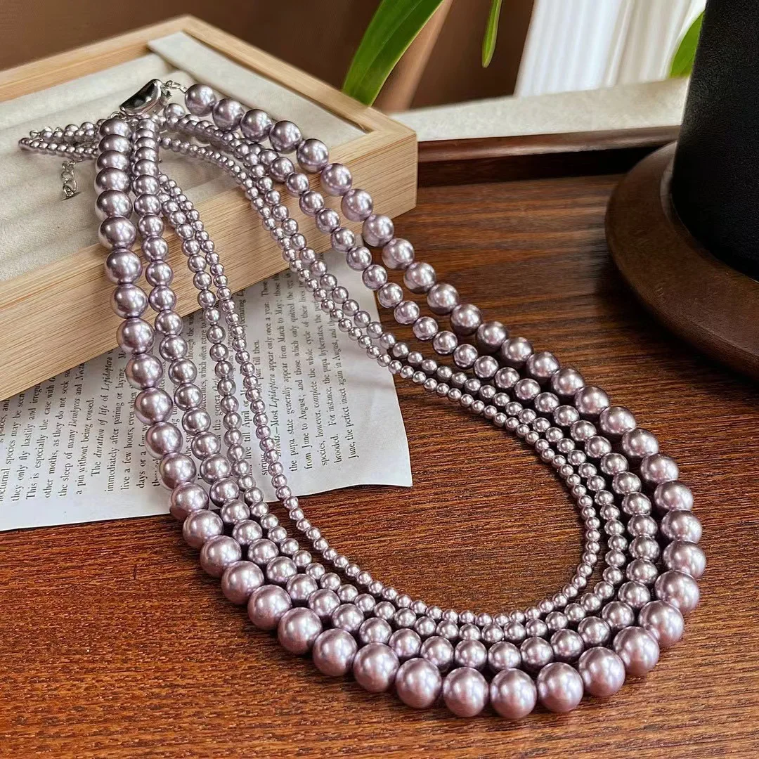 

Perfect round 3-8mm taro purple Shijia shell pearl necklace baby bead necklace neck chain