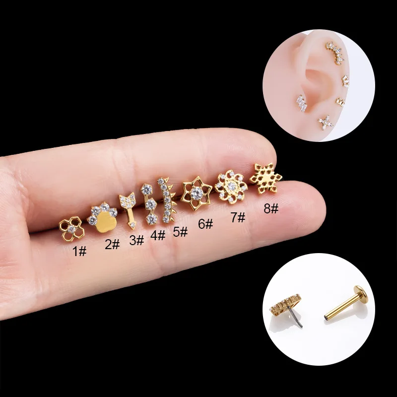 G23 Titnaium Bear Paw Arrows Flower Push in Labret Stud Drop Pin Threadless Piercing Lip Ring Nail Tragus Conch Daith Earring