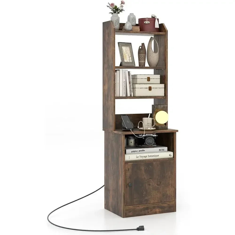 

56 Tall Bed with Nightstand, Charging Station, USB Ports, Adjustable Shelves, Storage Cabinet, and Bookcase Side Table in Brown
