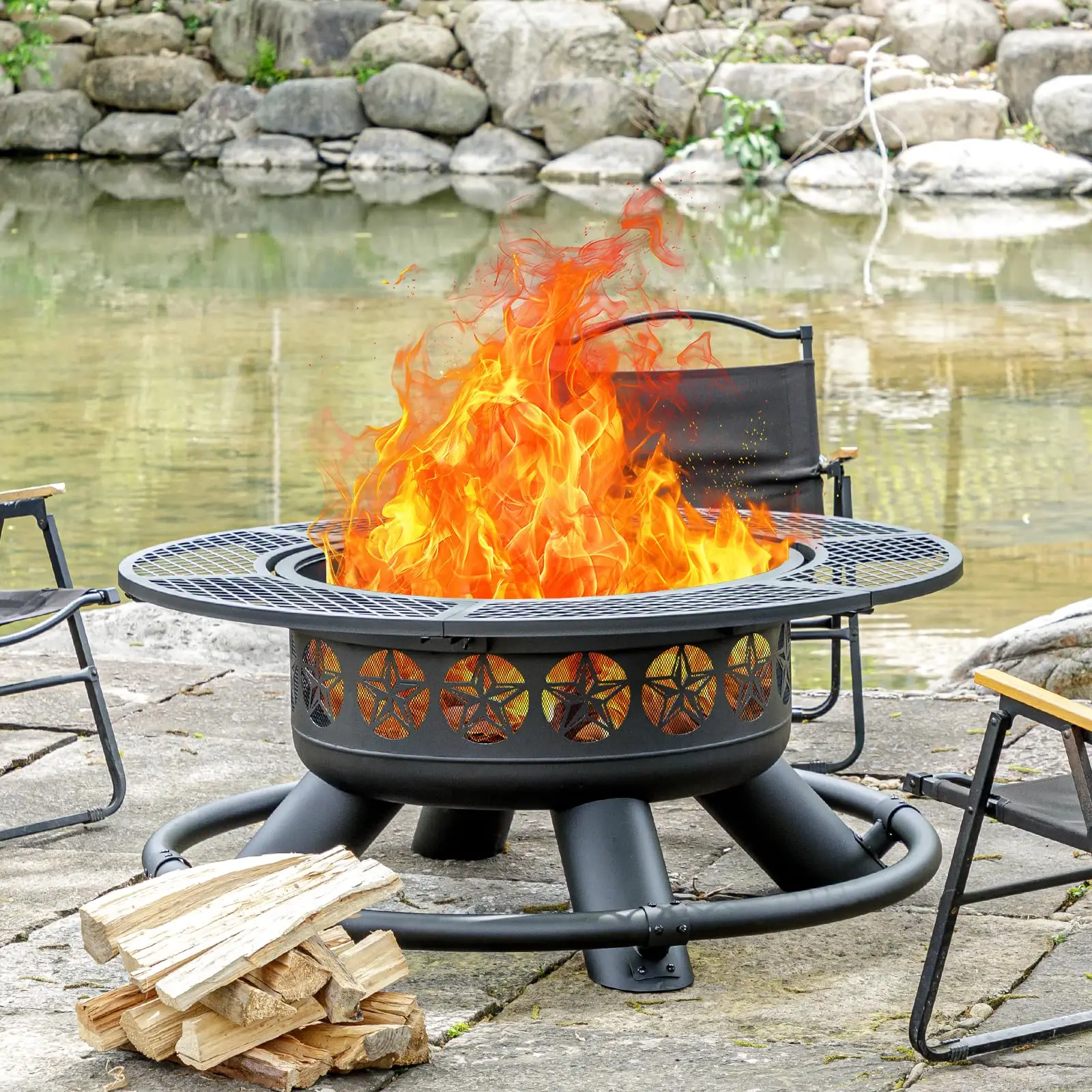47 Inch Outdoor Fire Pit with 2 Grills, Extra Large BBQ Firepits