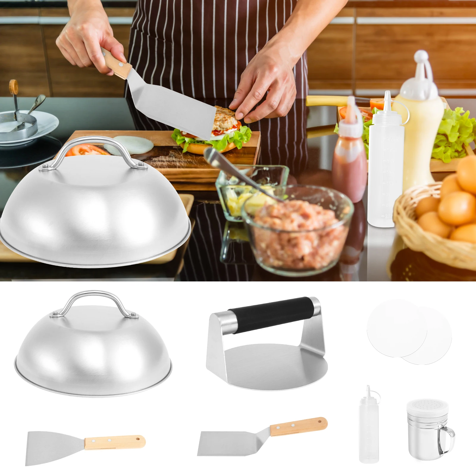 

7Pcs Stainless Steel Smash Burger Kit With Flat Bottom Wear Resistant Non Stick Burger Press Set Dishwasher Safe Burger Making