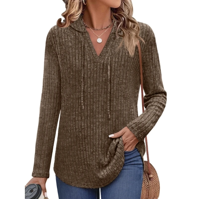 

77HE Women's Long-Sleeved Knitted Hoodie V-Neck Pullover Sweater Ribbed Sweater Autumn Fashion Top
