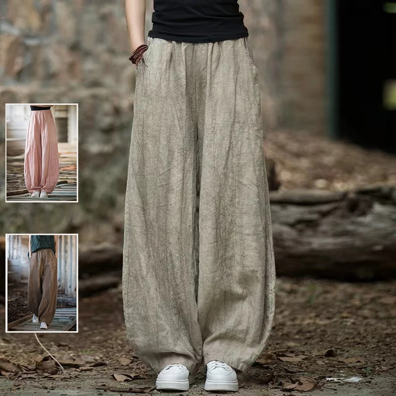 

Хлопковые и льняные брюки-фонарики в стиле ретро, большие размеры, женские прямые повседневные брюки в стиле дзен на раннюю весну, льняные длинные футболки...