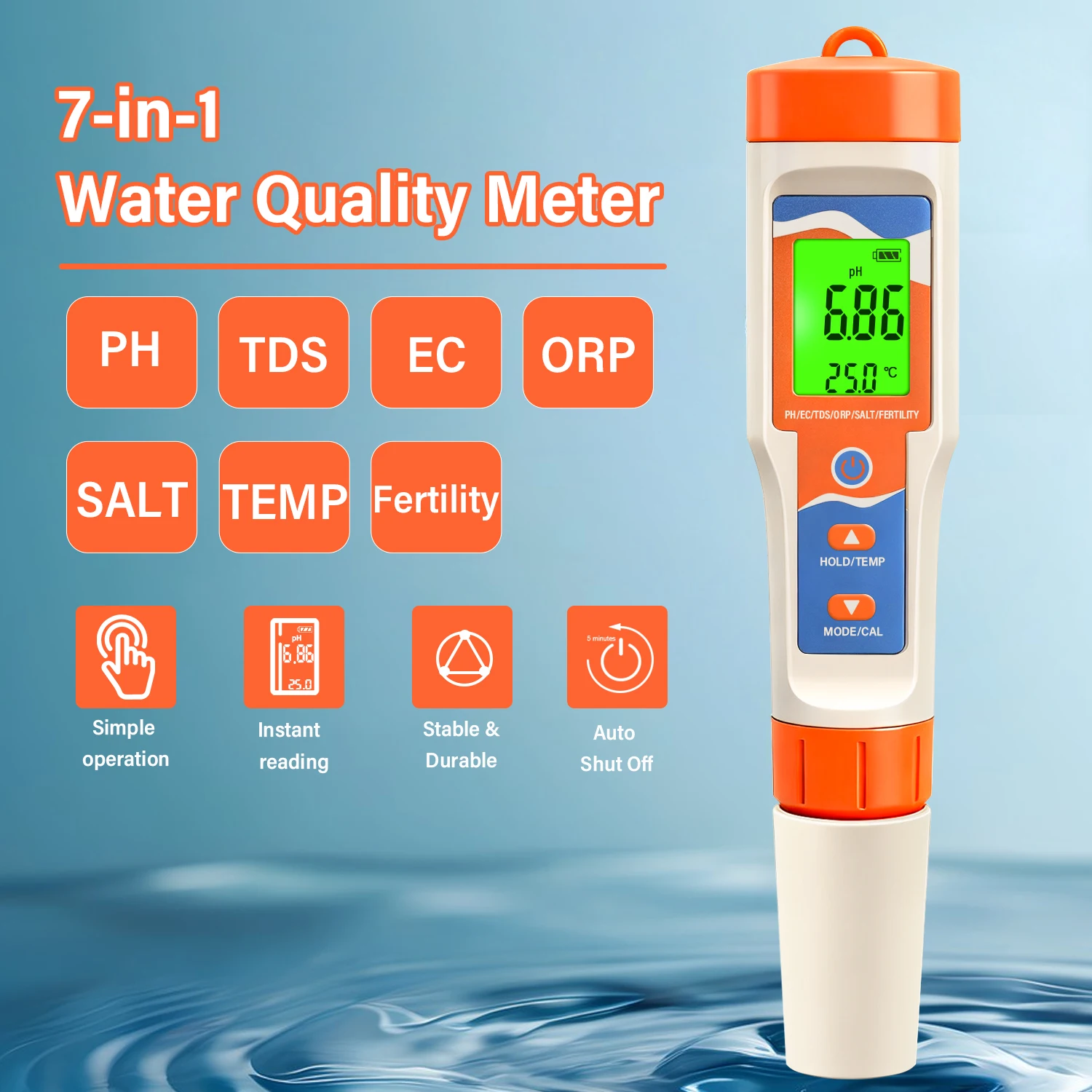 

YAGO Pool Water Quality Tester pH Meter TDS EC ORP 7-in-1 Digital Water Tester Pen for Swimming Pool Spa Hydroponics Aquarium