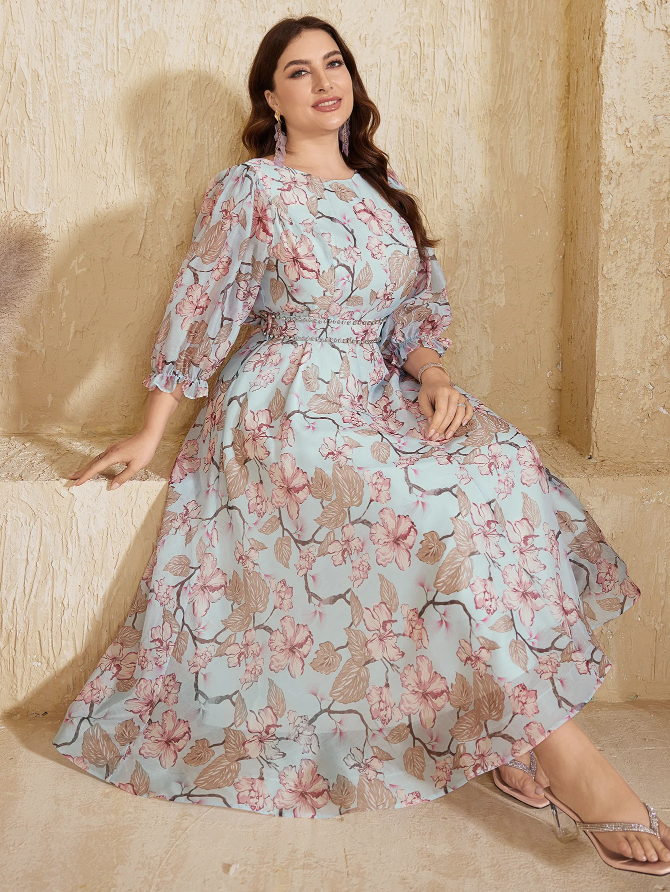 UNITHORSE – robe élégante en mousseline de soie, col rond, manches lanternes, imprimé Floral, avec perles à la taille, cravate, longueur au sol