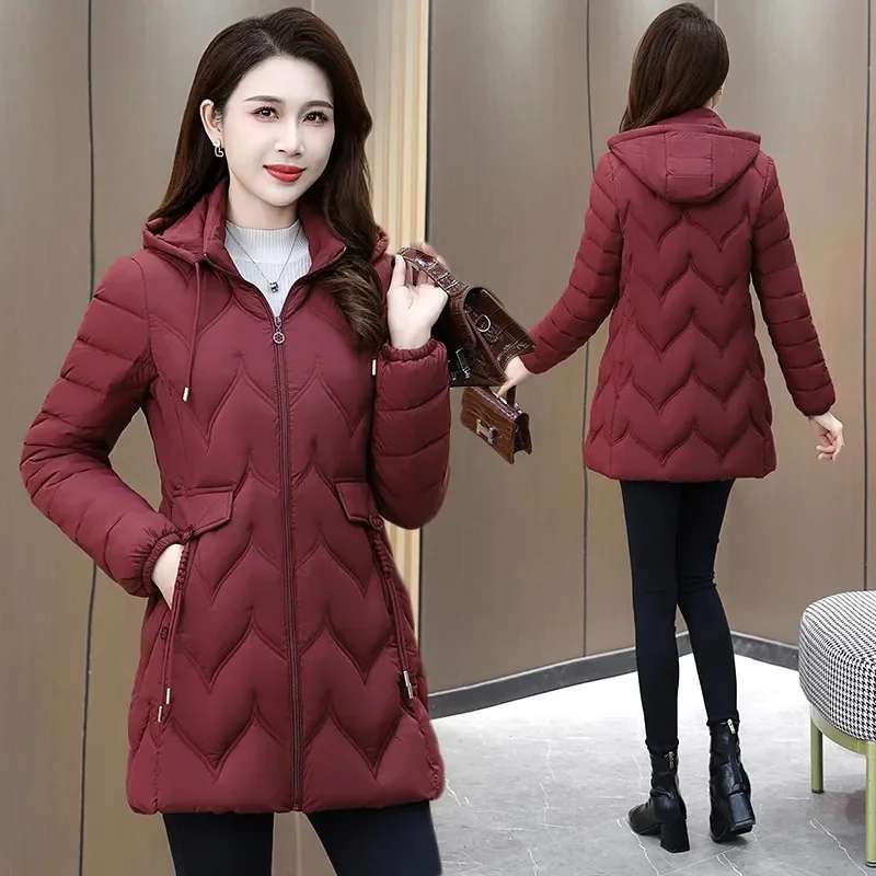 

Women's Winter Thickened Jackets Down Cotton Parkas Hooded Quilted Long Pockets coat Middle aged Female Overcoat
