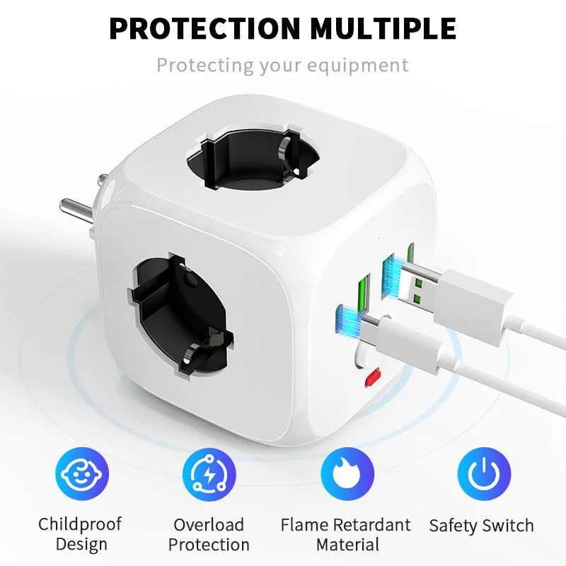 7-in-1 Square Power Strip with 3 AC Sockets 2 USB Ports 2 Type-C Ports And 1 Main Switch for Home Office Travel Use