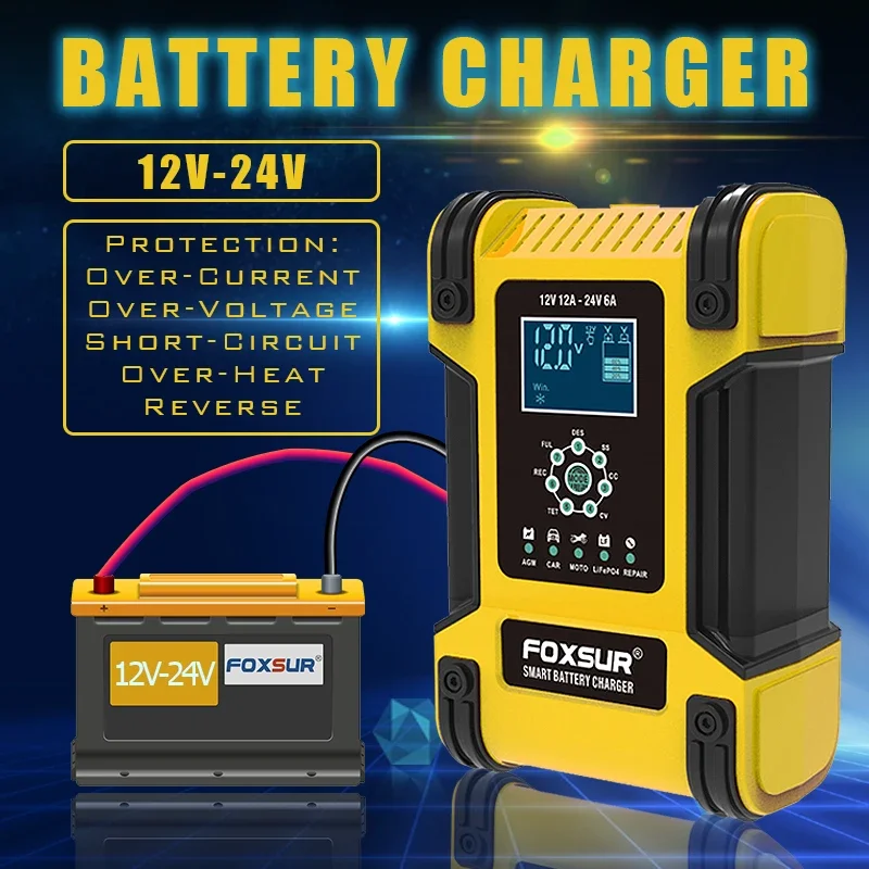 FOXSUR Car Battery Charger for 12V 24V 7Stage Automatic Smart Motorcycle Lead Acid LifePO4 AGM GEL SAL WET Deep Cycle Desulfator