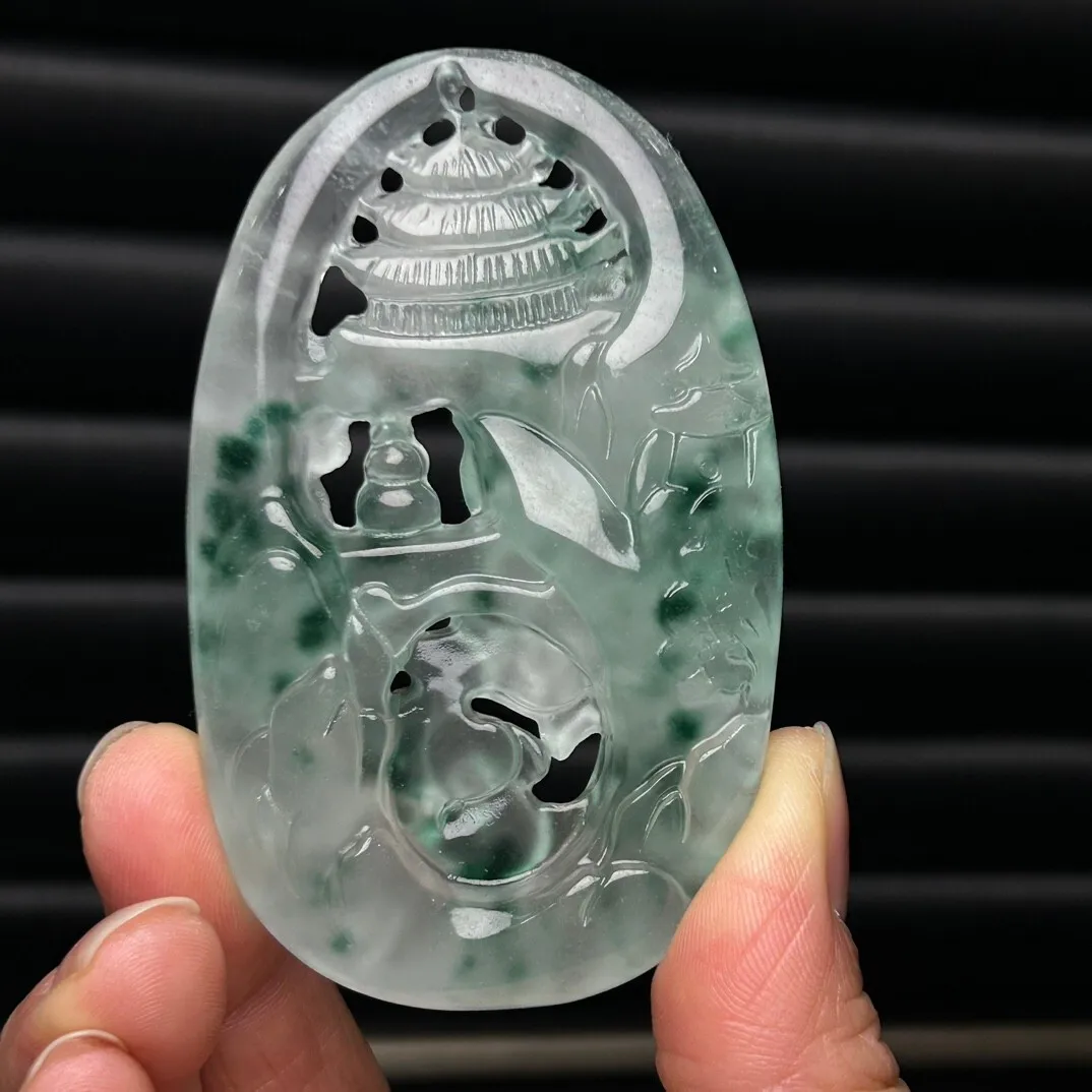 Natural Burme ice Green jade Jadeite openwork landscape Pendant and Necklace