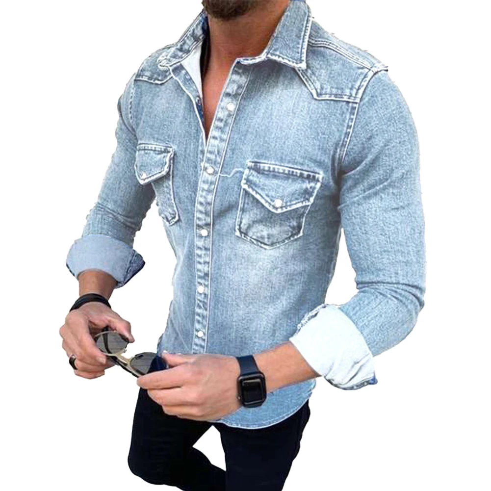 Mens Casual Slim Shirt Jeans Long Sleeve Tops Chest Pocket Snap Button Down Tops Fashion Denims Shirt Cotton Autumn