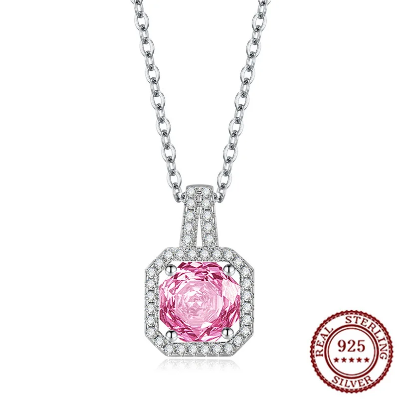 

925 Sterling Silver Temperament Atmospheric Pink Octagonal Rose Cut Pendant Inlaid with Yellow High Carbon Diamond Necklace