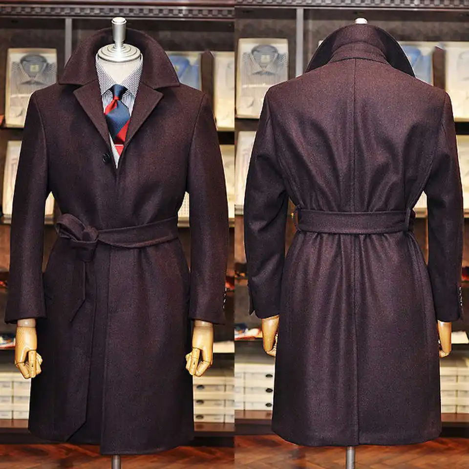

Handsome Woolen Overcoat with Belt Men Thick Customized Vintage Single Breasted Pocket Coat Casual Winter Warm Coat