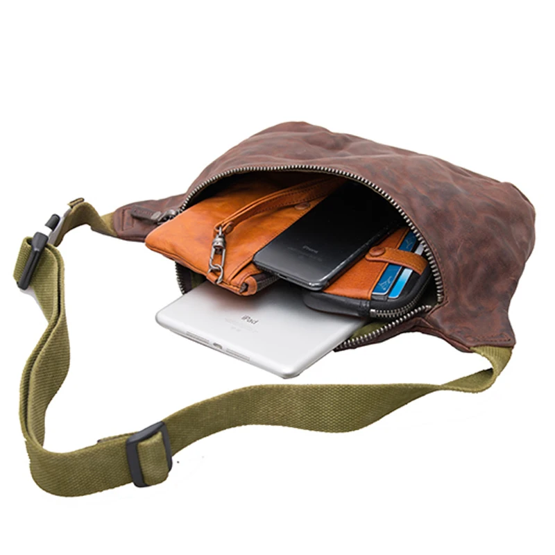 AETOO  First layer cowhide Fanny pack handmade retro leather backpack Crossbody bag May Khaki trend casual chest bag for men