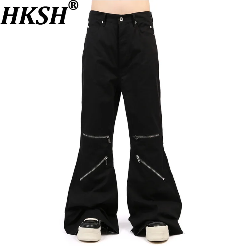 

HKSH Spring Autumn New Man's Tide Dark Knee Zipper Design Cargo Pants Punk Diagonal Zipper Wide-Leg Pants Flared Overalls HK7376