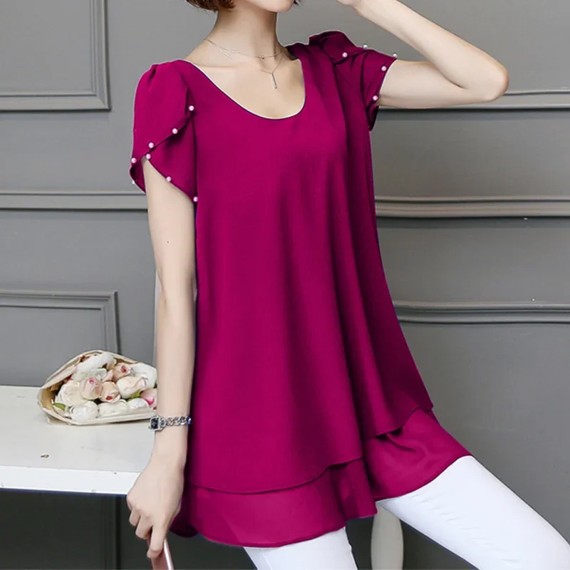 Camisa de gasa de retazos para mujer, blusa holgada de manga corta con cuello redondo, color liso, elegante e informal, a la moda, novedad de verano, X884