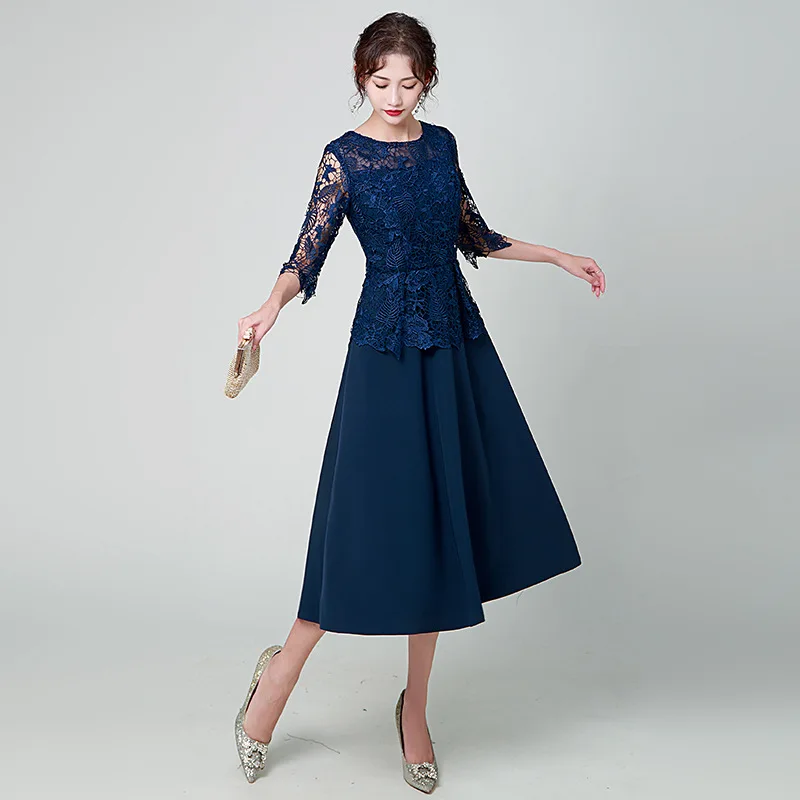 Tea Length Mother Evening Dresses Navy Blue Plus Size Mother Of The Bride Dress With Sleeves