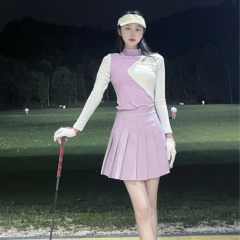 2023 Spring New Golf Wear For Women\'s Clothing Set Round Neck Long-Sleeved Purple Sports Pleated Skirt Slim Fit T-Shirt Golf Hat