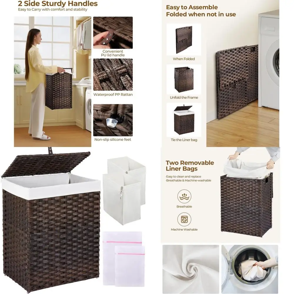 

Laundry Hamper with Lid, 90L Clothes Hamper with 2 Removable Liner Bags & 2 Mesh Laundry Bags, Handwoven Synthetic Rattan Laundr