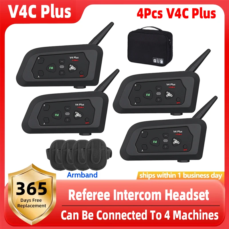 4Pcs V4C Plus Referee Headset 4-way Intercom1500M Waterproof In-ear Headphone Storage Bag 850mAh Battery Wireless 5.1 Football