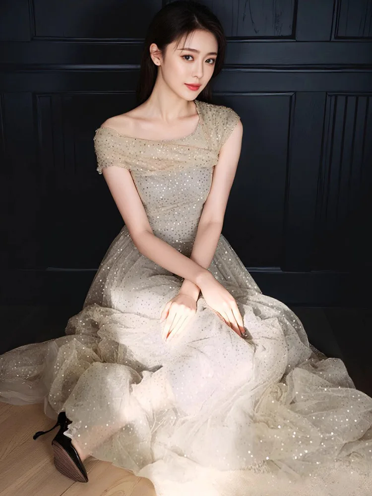 

Long Sequin Evening Gown Women's Ele Faionable Birthday Par Host Dr A-Line Skirt Polyester Fiber 2024 Autumn New