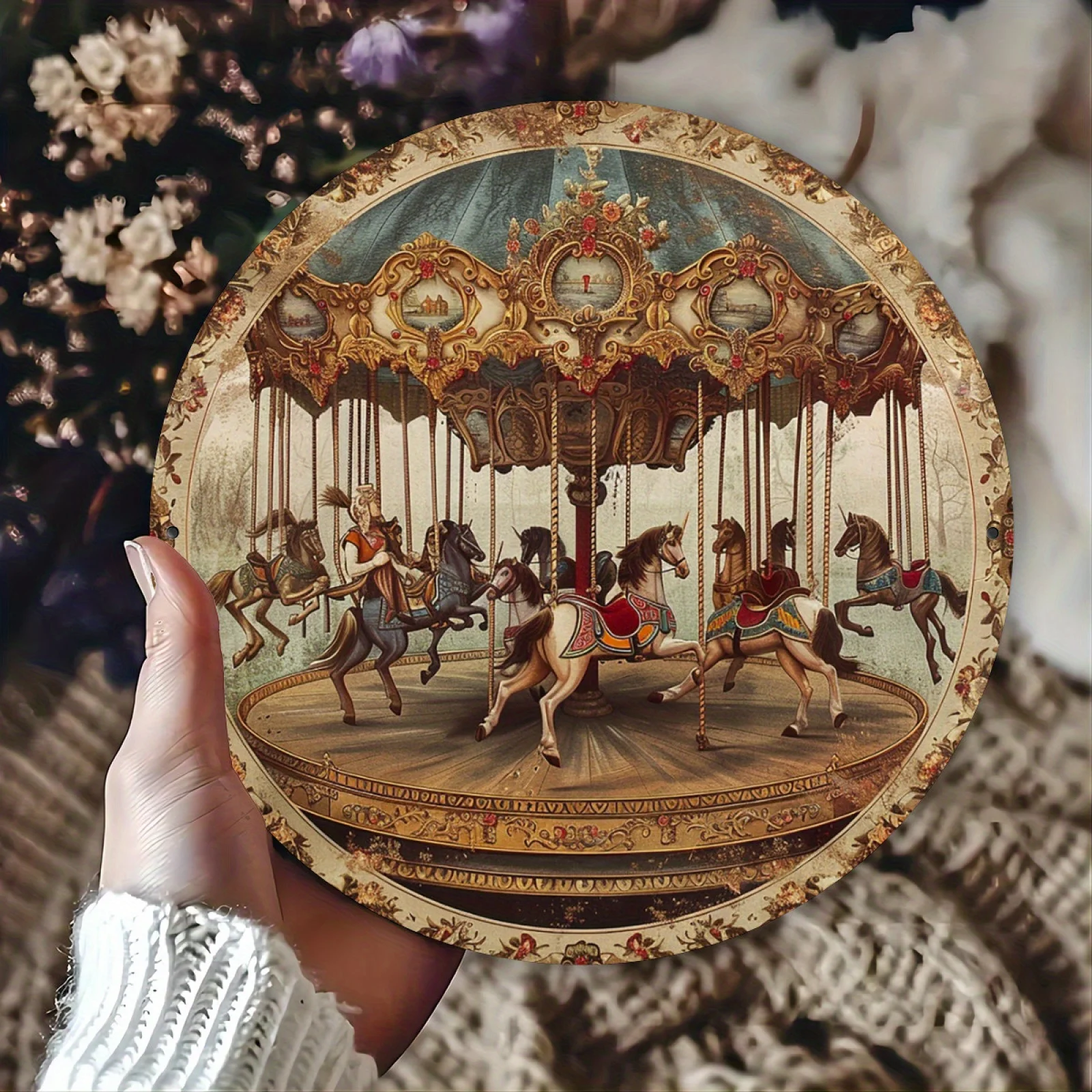 Vintage Carousel Metal Wall Art - 8x8 Inch Aluminum Sign, Intricate Carousel Horses Design, Suitable for Indoor/Outdoor Decor in