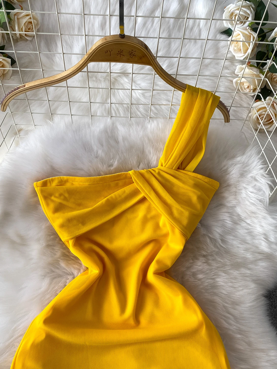 فستان أنيق بعقدة على الكتف الواحد للنساء، فستان صيفي أبيض وأصفر من الشبكة، خصر نحيل، فستان طويل على شكل A، ستايل كوري، خصر مر... #4