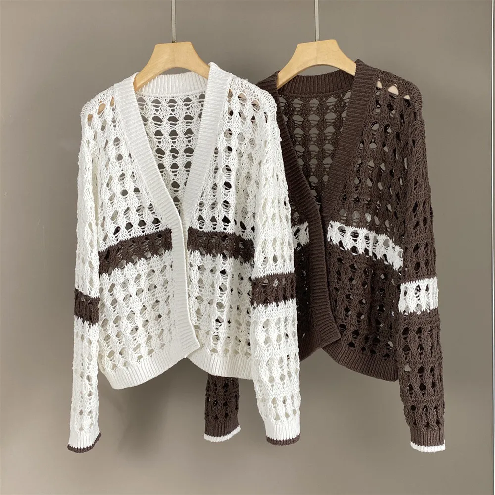 

25 Spring/Summer New Women's Retro Hollow Knitted Comfortable and Versatile Long Sleeve Cardigan Top