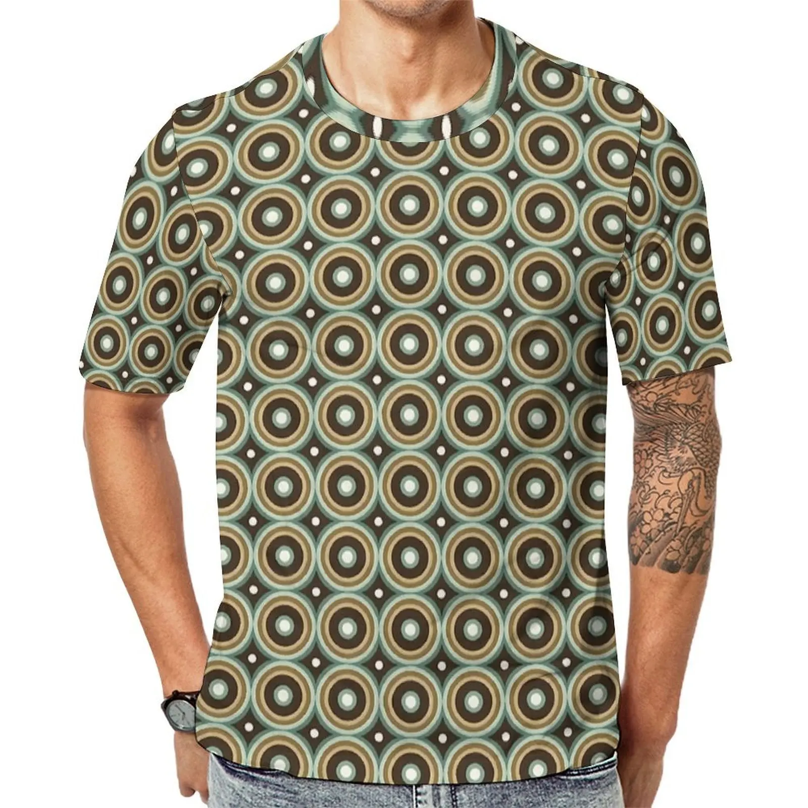 Big Size T Shirt Beach Earth Tone Circle Grid T Shirts  Funny O Neck Tshirt Men Hippie Design Tops