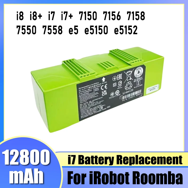 

14.4V 12800mAh battery, for iRobot Roomba e and i series i7+e5 7150 7550 i3 3150 i3+3550 i4 4150 i4 replacement parts