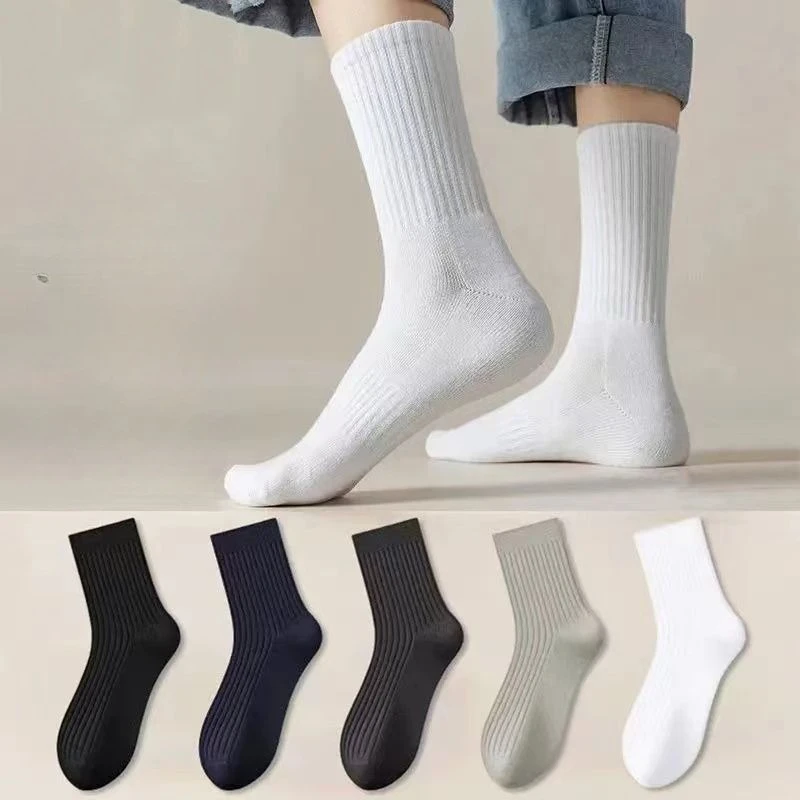 Men's 5 Pairs Classic Ribbed Socks, Thick Warm Business Casual Crew Socks, Soft Cotton Breathable Formal Dress Socks