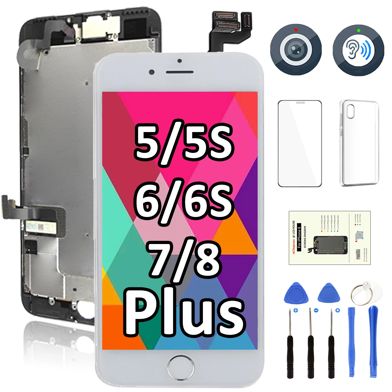 LCD For iPhone 5S 6 6S 7 8 Plus 7P 8P Screen Assembly Full Set Display Replacement 3D Touch Digitizer+Front Camera+Earpiece