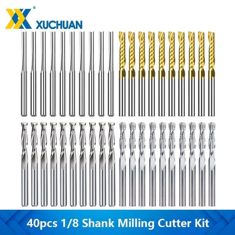 CNC Milling Cutter Kit 40pcs 1/8 Shank Carbide Milling Cutter Ball Nose End Mill Single Flute Router Bit Straight Mill for Wood