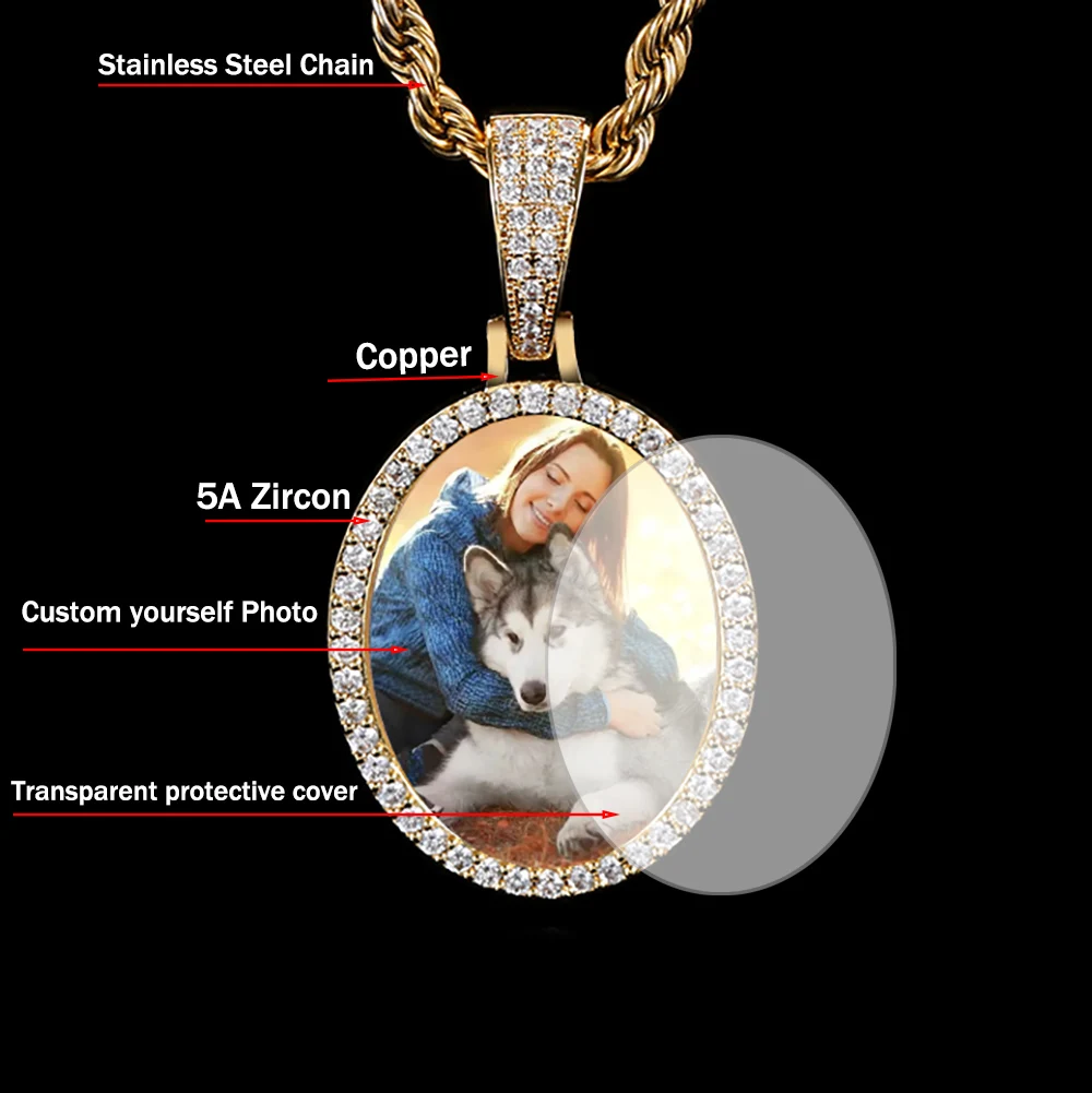 

Custom Photo Necklace for Men Personalized Medallions Picture Pendant Solid Back AAAA Zircon Hip Hop Jewelry