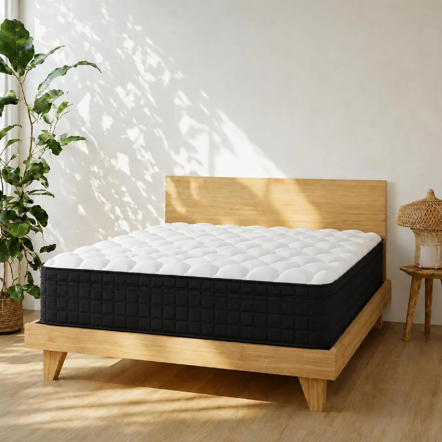 Full Size 12 Inch Hybrid Innerspring Mattress, Individual Pocket Coils Gel Memory Foam, Medium Soft Black & White Cover, Fibergl