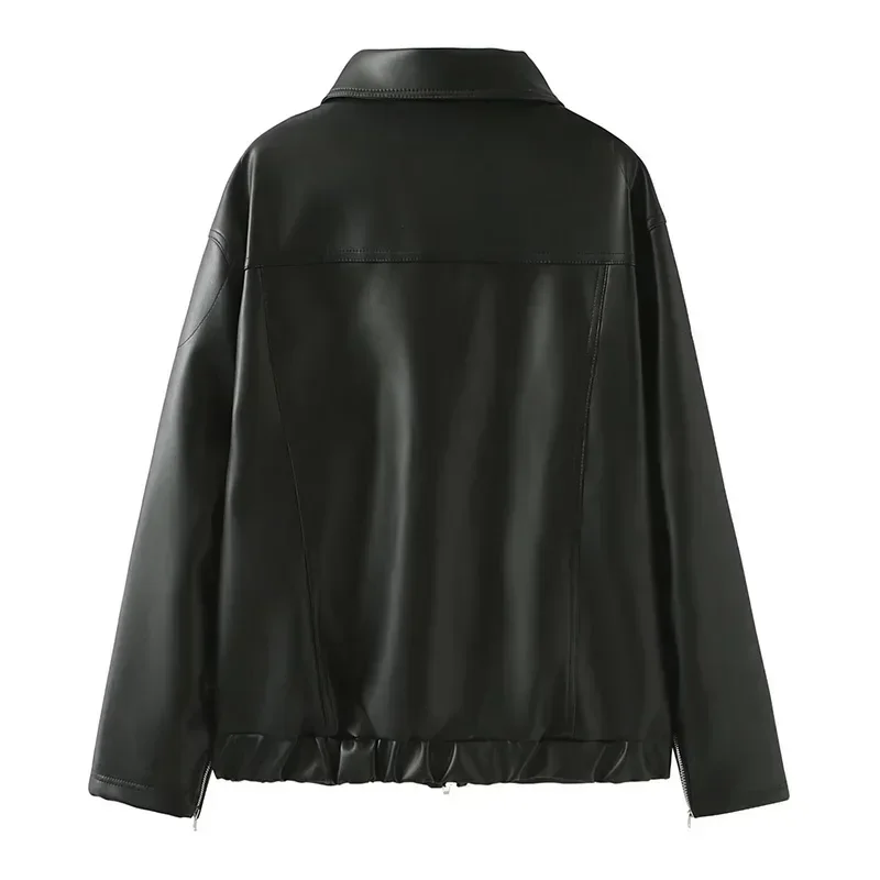 Chaqueta de piel sintética Vintage para mujer, cuello de solapa de Pu, abrigo con cremallera de lazo, Tops casuales femeninos, ropa de invierno, moda