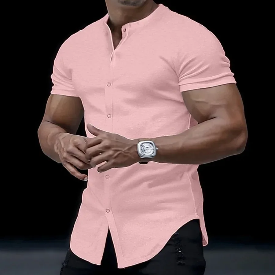 Męskie koszulki na lato 2026 z krótkim rękawem i stójką, dopasowane, codzienne kardigany, uniwersalne t-shirty, eleganckie bluzki męskie, topy.