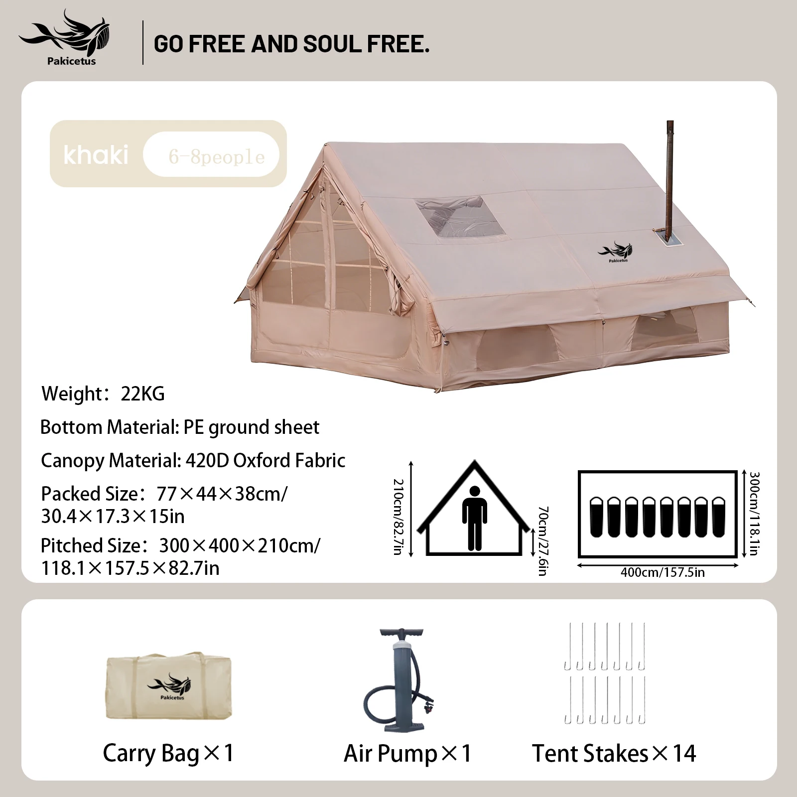 PAKICETUS Inflatable Air Tent, 4-6 Person 12㎡ Large Space Family Tunnel Cabin Tent, UPF50+ Mesh Windows Ventilated Quick Setup All Season Luxury Camping Tent for Hiking Outdoor Festivals