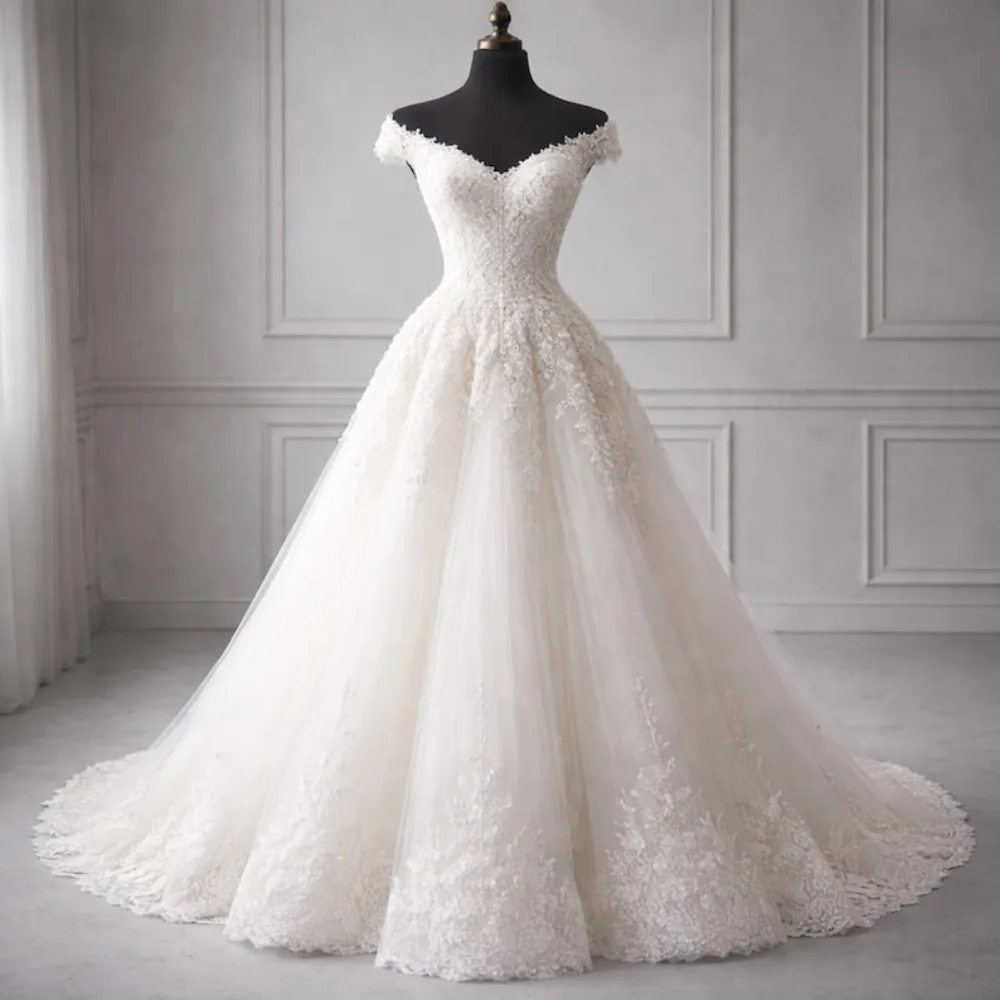 

Custom Off Shoulder Lace Ball Gown Wedding Dress Tulle Bridal Gown Princess Civil Wedding Dress Romantic Fairytale Bride Dress