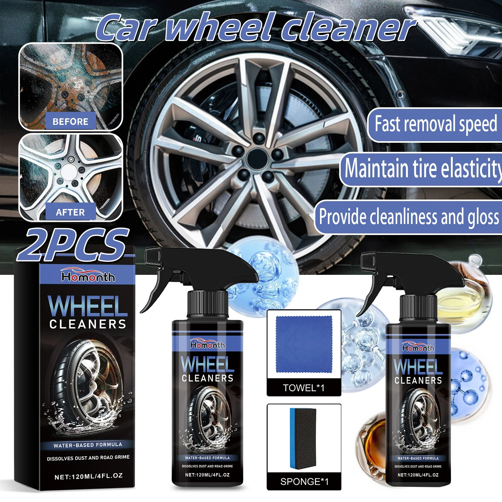 2PCS 120ml Cleaner Powerful Wheel Cleaner, Retread Car Wheel Care Cleaner, Perfect for Cleaning Wheels and Tires, Safe on Alloy