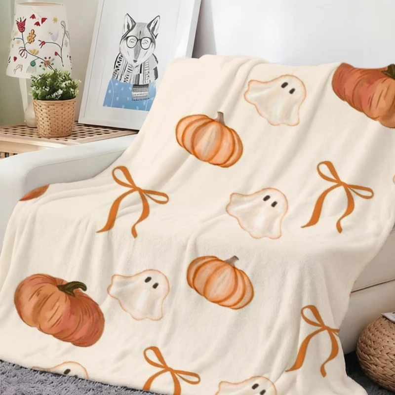 Bow Ghost Pumpkin Halloween Throw Blanket Guest Quarters Patio Soft Blanket Sunroom  Living Room Lounge Bedroom Den Presents
