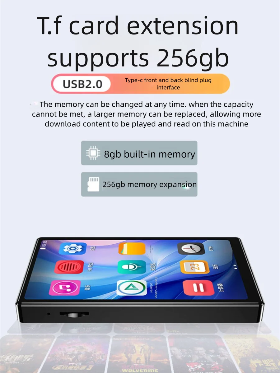 مشغل Mp4 بلوتوث 4.0 بوصة تعمل باللمس أندرويد 8.1 HiFi بدون فقدان الموسيقى Type-C مشغل Mp3 جهاز Walkman الرياضي مع راديو FM