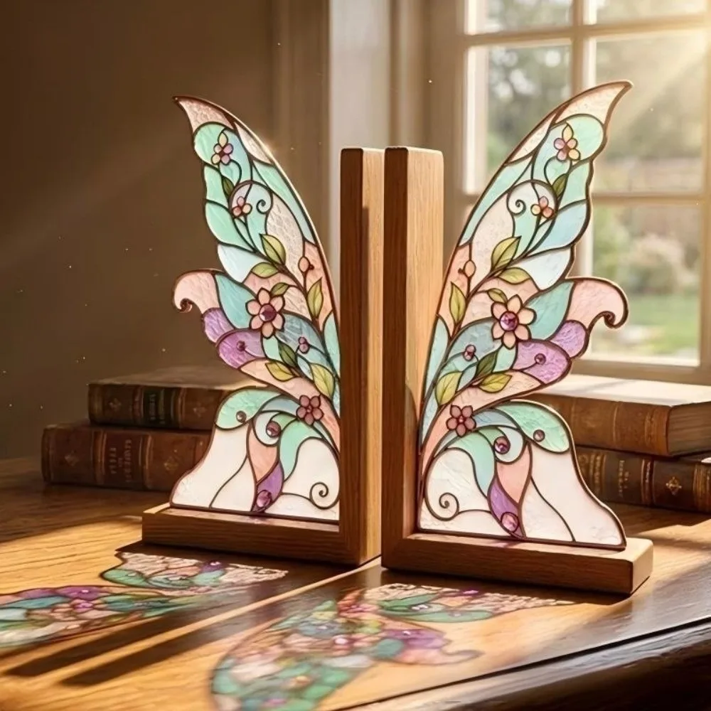 Colorful Butterfly Wings Bookend Set Decorative Acrylic Book Support with Bases Desktop Organizer Book Stand For Bookshelf