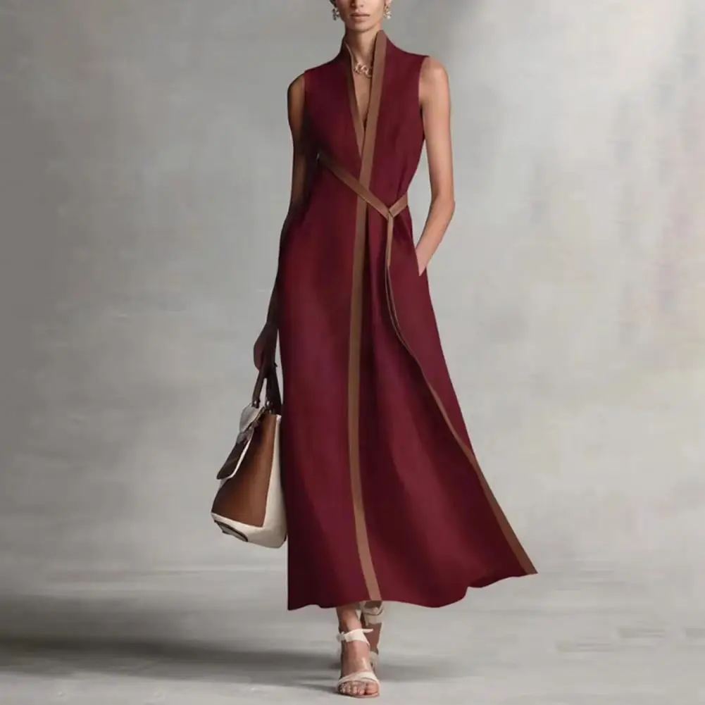 

Women Dress Solid Color Dress Summer Sleeveless Dress Casual Stand Collar Maxi V Neck Cocktail Wedding Guest Elegant Dresses