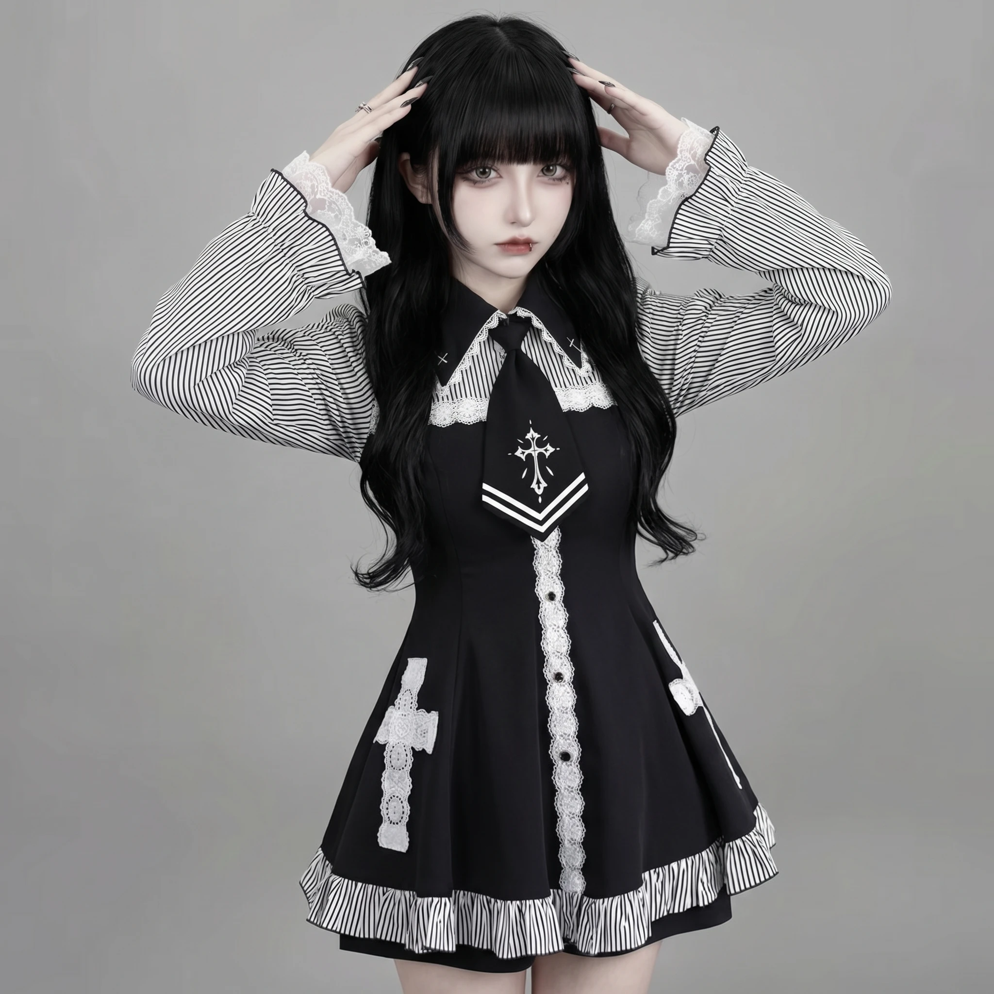 Image of Japanisches Mini-Kleid im dunklen Gothic-Stil für Damen, Reverskragen, ausgestellte Ärmel, gestreiftes Spitzenkleid, Subkultur, Y2K-Kleid, Jirai Kei Girly